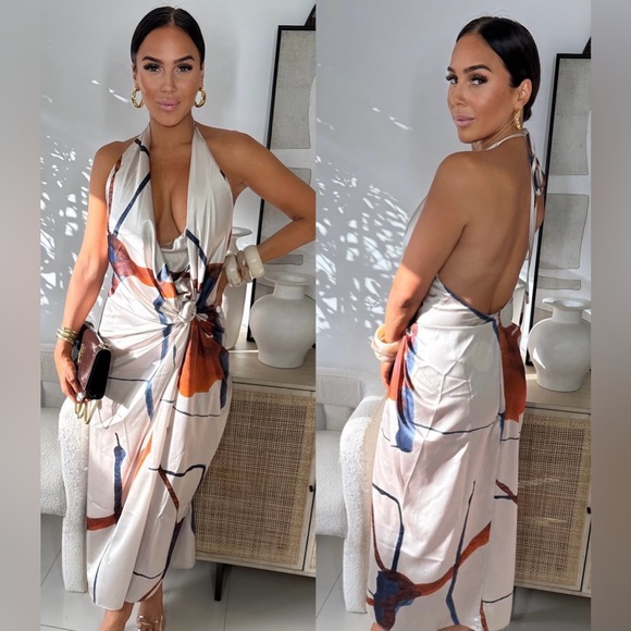 Dresses & Skirts - Elegant Halter Neck Dress in White with Blue and Orange Accents